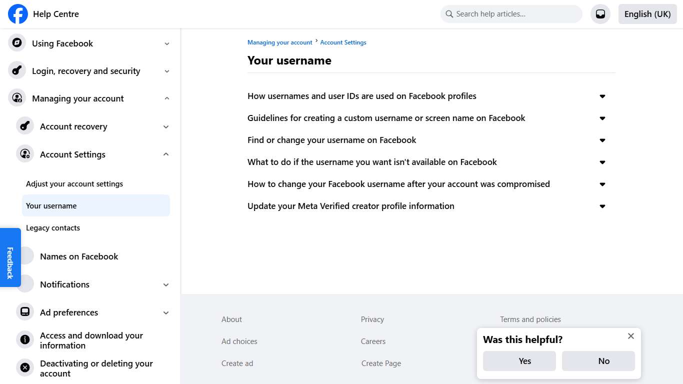 Your username Facebook Help Centre